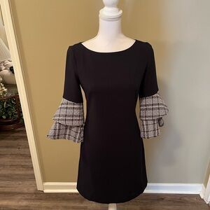 Eliza J Black Dress with Plaid Ruffle Sleeves